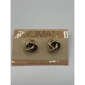 VTG Roman Love Knot Earrings Women Gold Tone Polished Surgical Steel Posts Studs